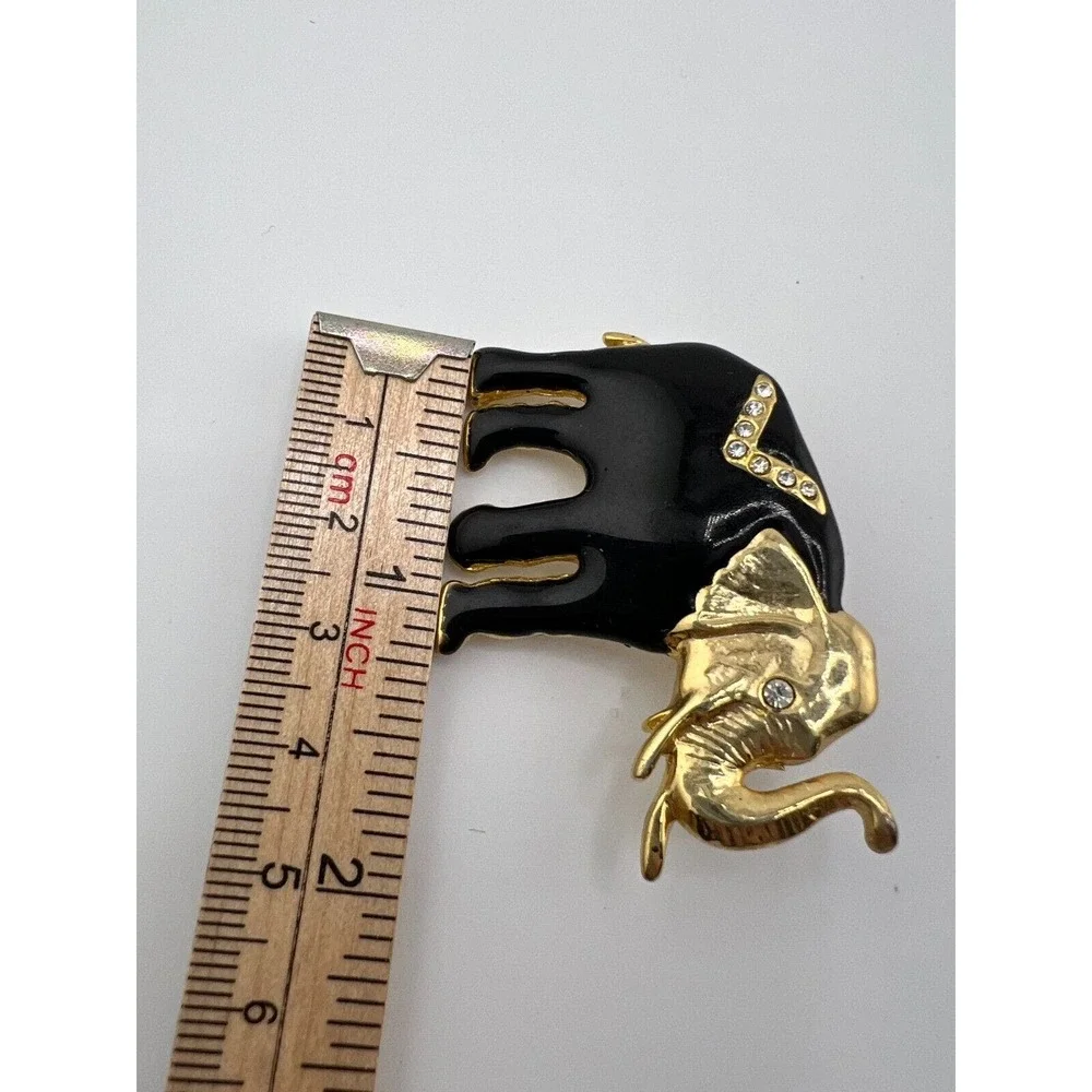 Vintage Jet Black Matte‎ Enamel Rhinestone & Gold Tone Metal Elephant Brooch 90s